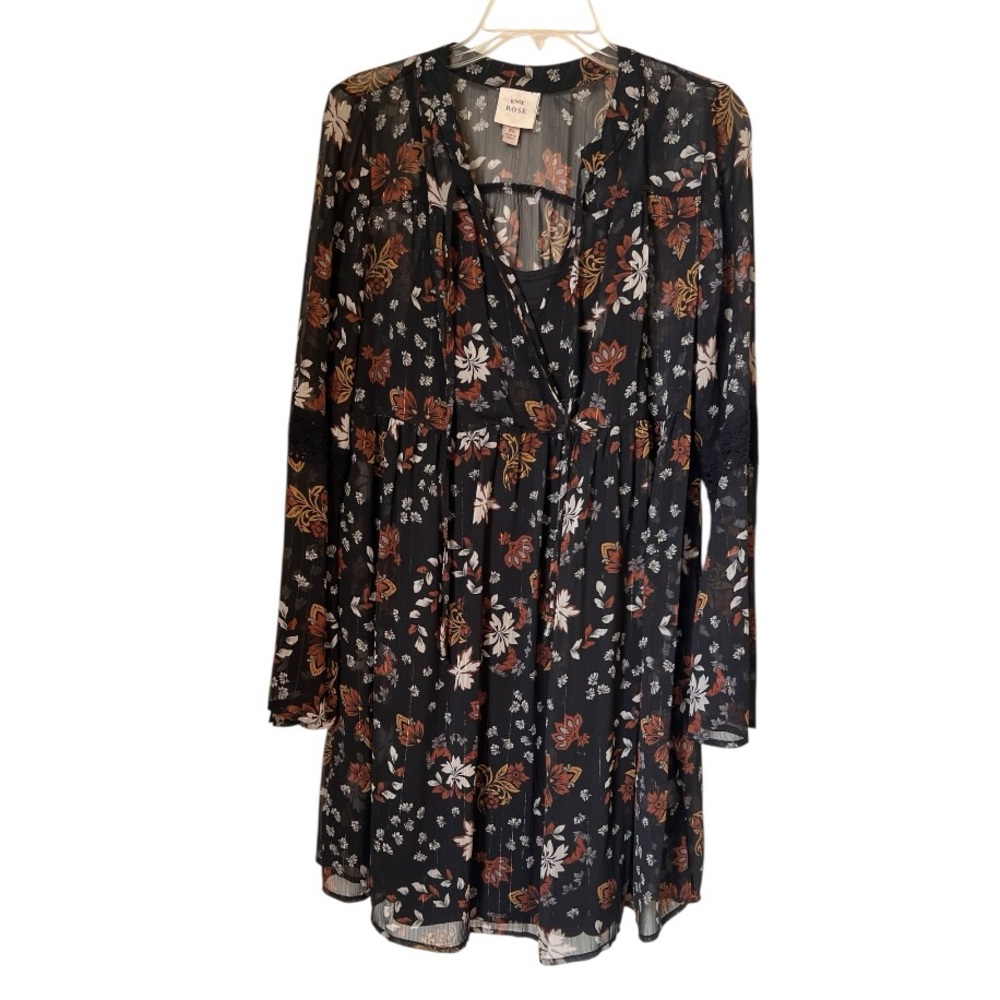 Black Floral Long-Sleeve Women's Dress